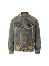 Turn heads with the Raw Edge Distressed Denim Jacket — a bold streetwear essential combining rugged denim with statement gold chain detailing. This long-sleeve jacket features raw hems, distressed accents, and front chest pockets with button closure for a