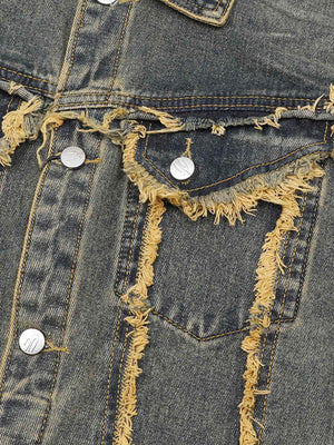 Turn heads with the Raw Edge Distressed Denim Jacket — a bold streetwear essential combining rugged denim with statement gold chain detailing. This long-sleeve jacket features raw hems, distressed accents, and front chest pockets with button closure for a