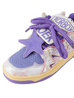 Zapatillas skate de tweed morado – plano cercano de la punta, parche de estrella | XoKool