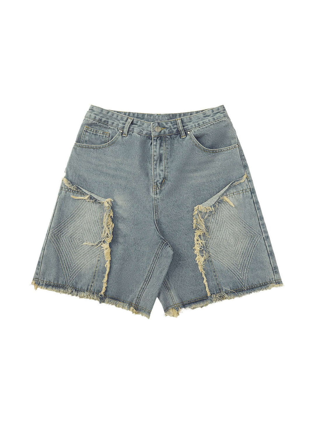 Add vintage attitude to your look with the Retro Stitching Diamonds Embroidery Shorts — a bold streetwear staple made for warm-weather edge. Crafted from sturdy denim, these shorts feature distressed details, a raw hem finish, side pockets, and intricate