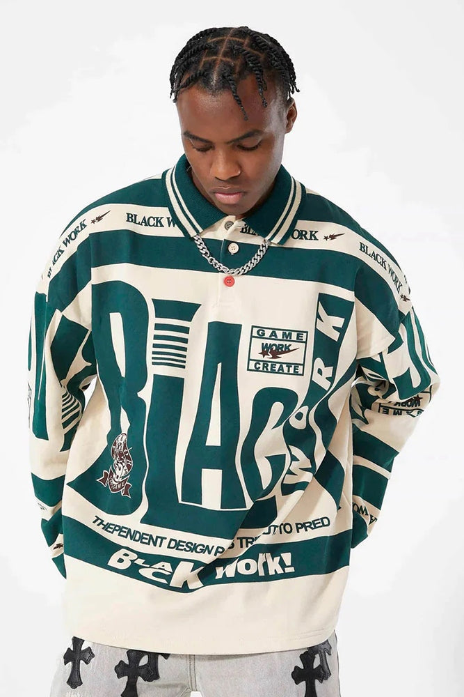 Retro Typography Polo Stylish Streetwear Long Sleeve Shirt - 5003 Xokool ®
