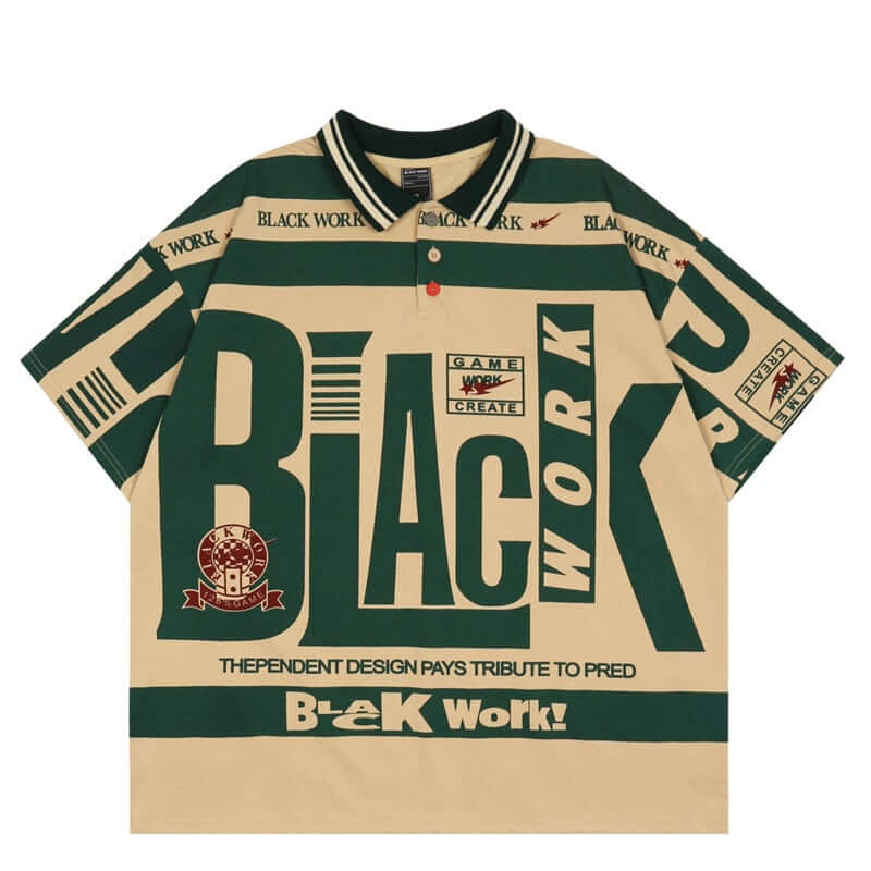 Stand out with the Retro Typography Polo T Shirt, designed for those who dare to make a statement. Crafted from premium soft cotton blend fabric, this relaxed fit polo features bold, oversized graphic prints in a striking green and beige colorway. The cla