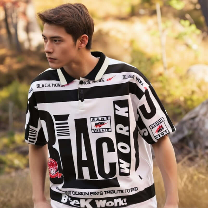 Stand out with the Retro Typography Polo T Shirt, designed for those who dare to make a statement. Crafted from premium soft cotton blend fabric, this relaxed fit polo features bold, oversized graphic prints in a striking green and beige colorway. The cla