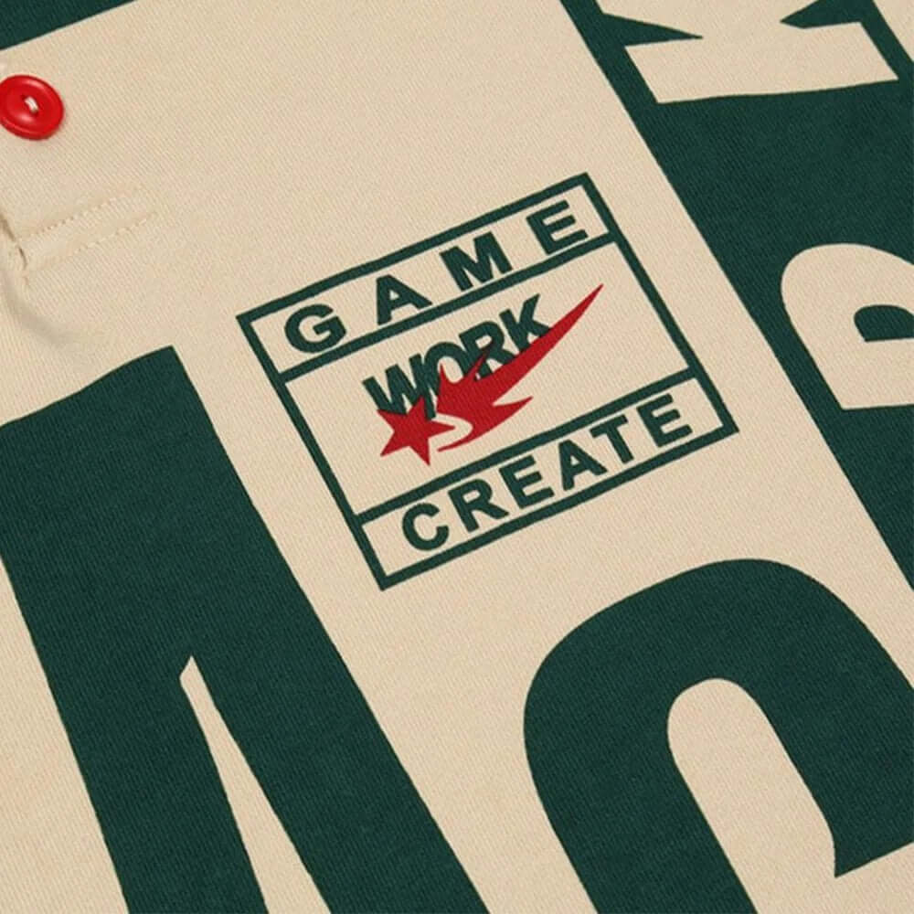 Stand out with the Retro Typography Polo T Shirt, designed for those who dare to make a statement. Crafted from premium soft cotton blend fabric, this relaxed fit polo features bold, oversized graphic prints in a striking green and beige colorway. The cla