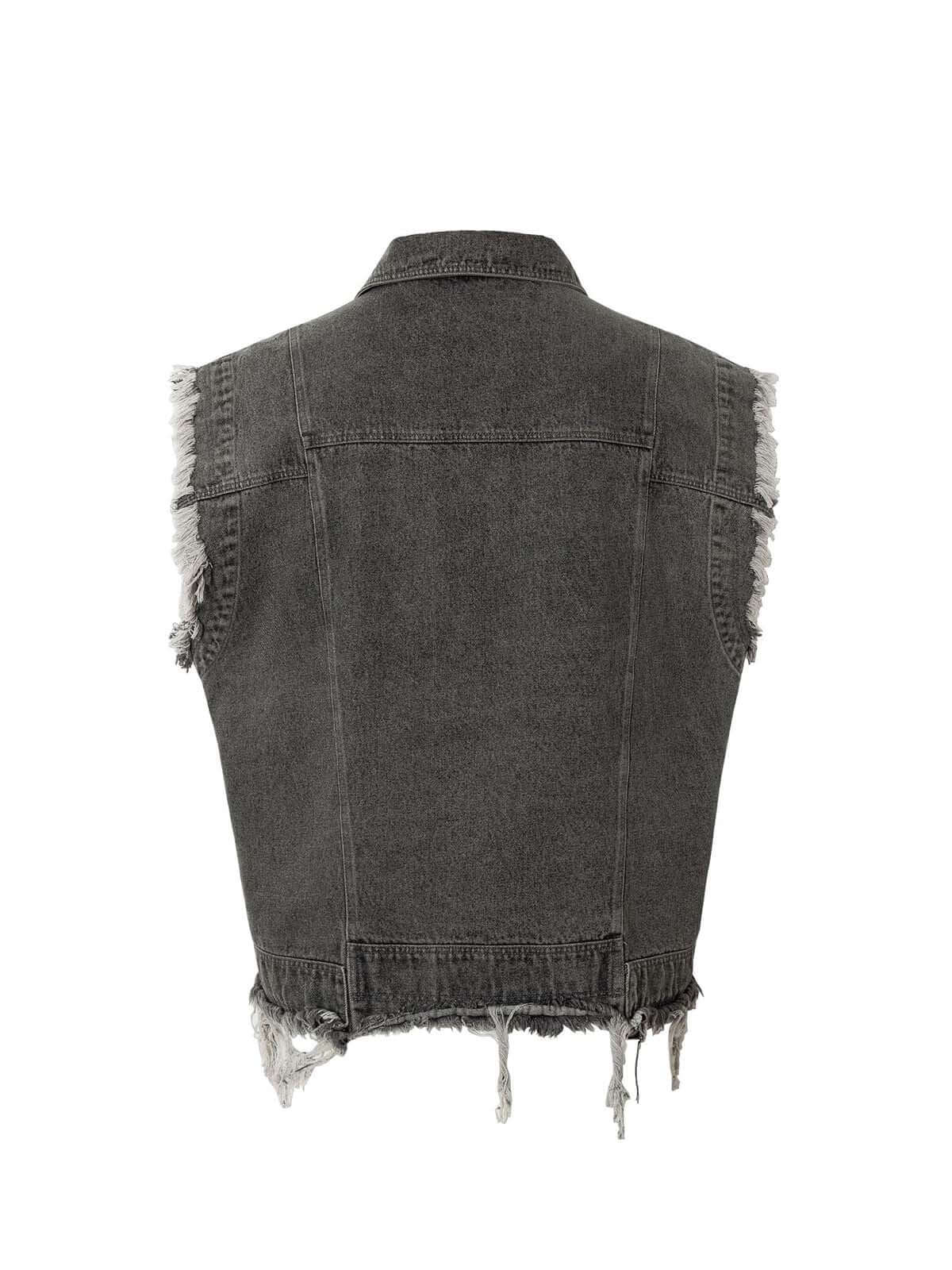 Unleash your inner rebel with the Retro Wasteland Rivet Denim Vest. Made from durable denim, this sleeveless vest features distressed detailing, a bold graphic back patch, and a zip-up front that delivers a raw, edgy aesthetic. Perfect for layering over t