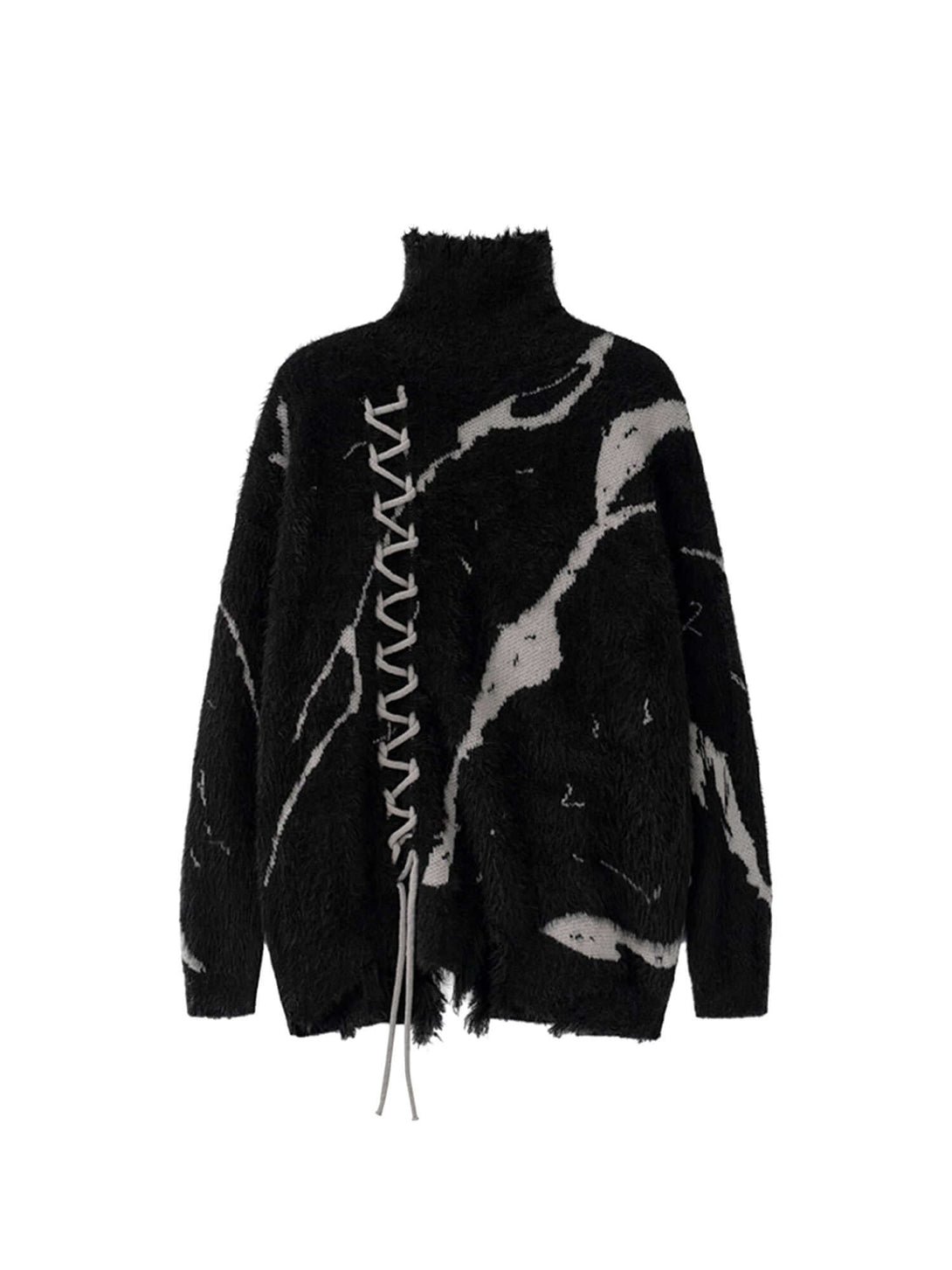 Elevate your cool-weather wardrobe with the Ripped Knit Turtleneck Sweater — a bold and modern piece with an artistic edge. Made from soft knit fabric, this sweater features a high neckline, long sleeves, and a distinctive lace-up front that adds texture
