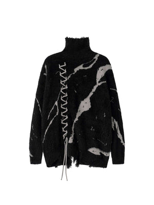 Elevate your cool-weather wardrobe with the Ripped Knit Turtleneck Sweater — a bold and modern piece with an artistic edge. Made from soft knit fabric, this sweater features a high neckline, long sleeves, and a distinctive lace-up front that adds texture