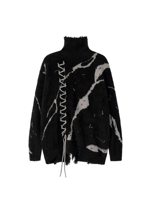 Elevate your cool-weather wardrobe with the Ripped Knit Turtleneck Sweater — a bold and modern piece with an artistic edge. Made from soft knit fabric, this sweater features a high neckline, long sleeves, and a distinctive lace-up front that adds texture