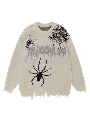 Embrace edgy street style with the Round Neck Spider Destroy Design Sweater. Crafted from a soft and breathable cotton blend, this standout sweater features bold spider web and skull graphics, a distressed hem, and a comfortable crew neck with long sleeve