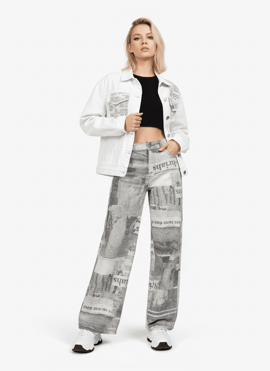 Baggy Jeans mit Zeitungsprint – am Model (Frau), Vorderansicht komplett mit weißer Jeansjacke | XoKool
