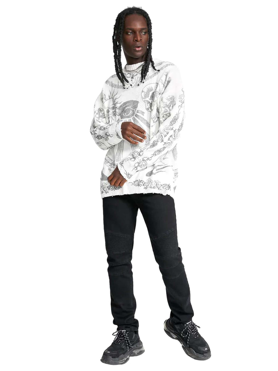 Add rebellious flair to your wardrobe with the Skull Print Distressed Sweater — a bold piece that fuses comfort with urban attitude. Crafted from a soft cotton blend, this long-sleeve sweater features a striking skull and crossbones graphic, ribbed cuffs