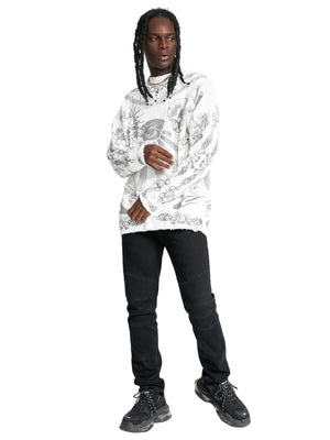 Add rebellious flair to your wardrobe with the Skull Print Distressed Sweater — a bold piece that fuses comfort with urban attitude. Crafted from a soft cotton blend, this long-sleeve sweater features a striking skull and crossbones graphic, ribbed cuffs