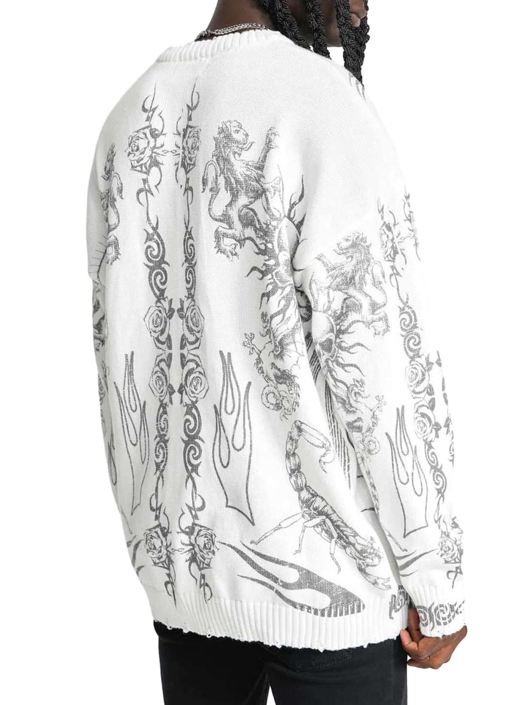 Add rebellious flair to your wardrobe with the Skull Print Distressed Sweater — a bold piece that fuses comfort with urban attitude. Crafted from a soft cotton blend, this long-sleeve sweater features a striking skull and crossbones graphic, ribbed cuffs