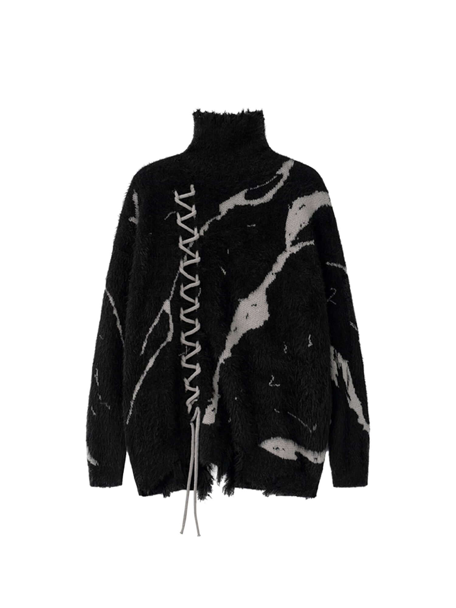 Ripped Knit Turtleneck Sweater Lace Up Contemporary Style - 4011