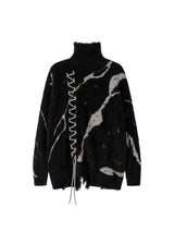 Ripped Knit Turtleneck Sweater Lace Up Contemporary Style - 4011