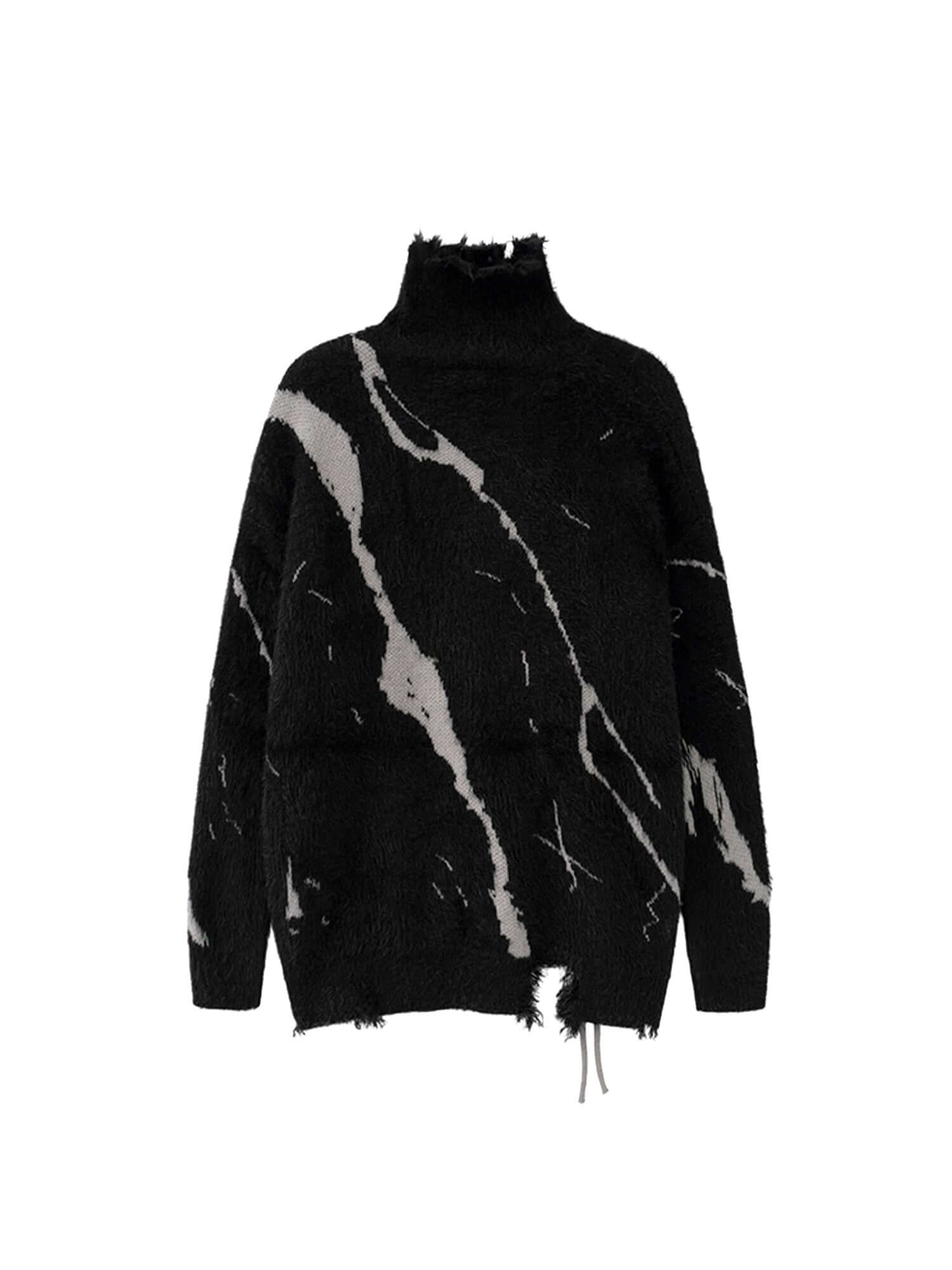 Ripped Knit Turtleneck Sweater Lace Up Contemporary Style - 4011