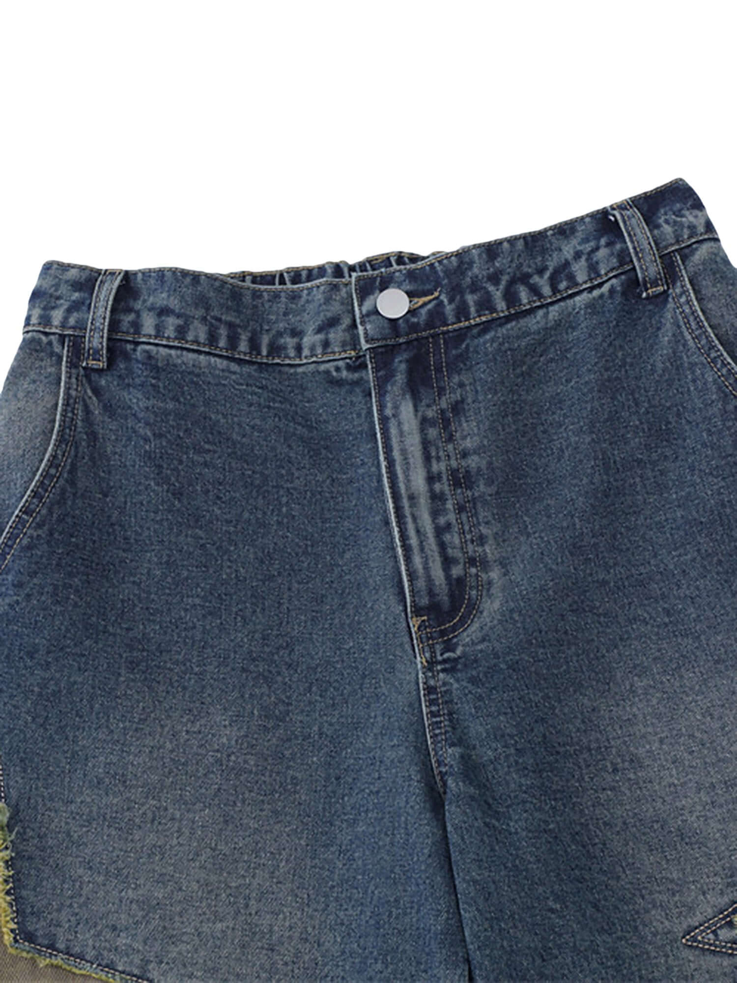 Add bold energy to your casual look with the Street Patchwork Star Embroidered Denim Shorts. Crafted from durable denim, these standout shorts feature star appliqués and distressed details that give them a modern, edgy vibe. With side pockets and a zipper
