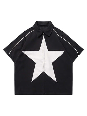 Add star power to your casual wardrobe with the Star Zipper Design Shirt — a bold and relaxed piece built for comfort and impact. Made from soft cotton, this oversized short-sleeve shirt features a clean round neck and standout black star graphic for a mo