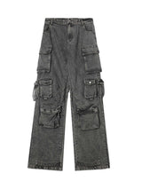 Street Stitching Multi Pocket Workwear Washed Jeans - 9004