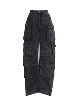 Street Stitching Multi Pocket Workwear Washed Jeans - 9004
