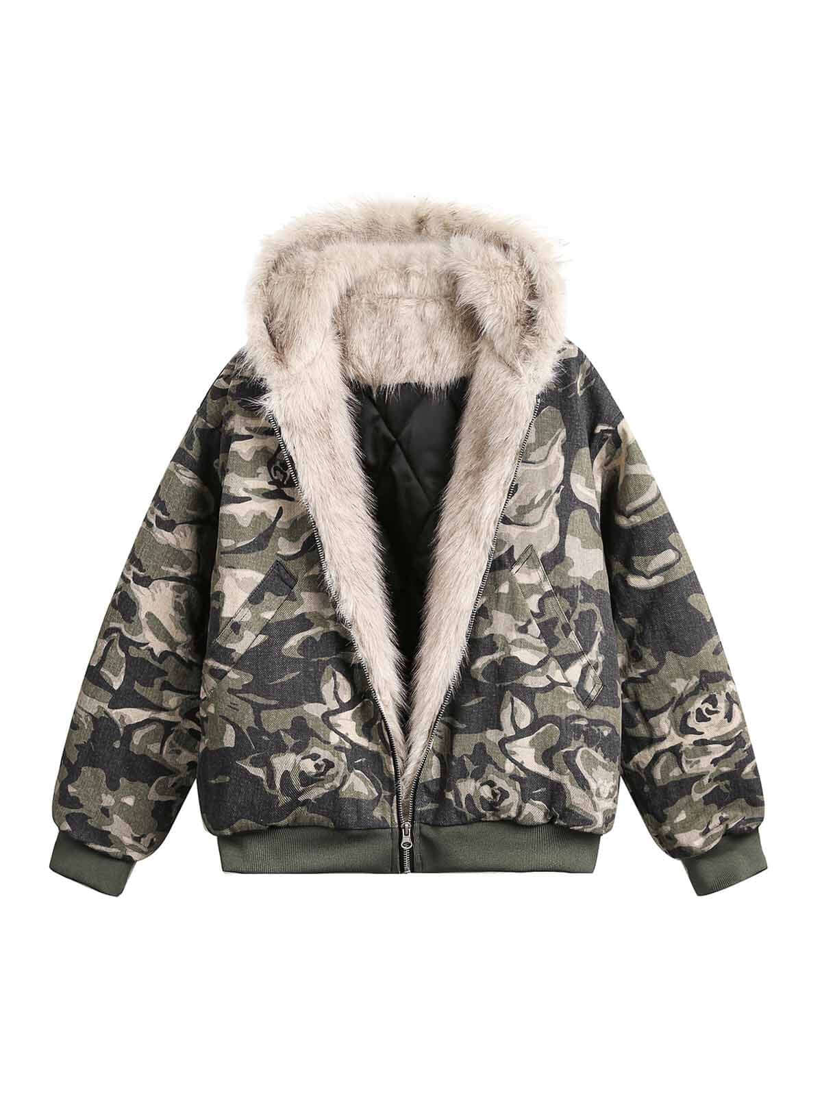 Camouflage Fur Hooded Jacket Warm Streetwear Style - 10308