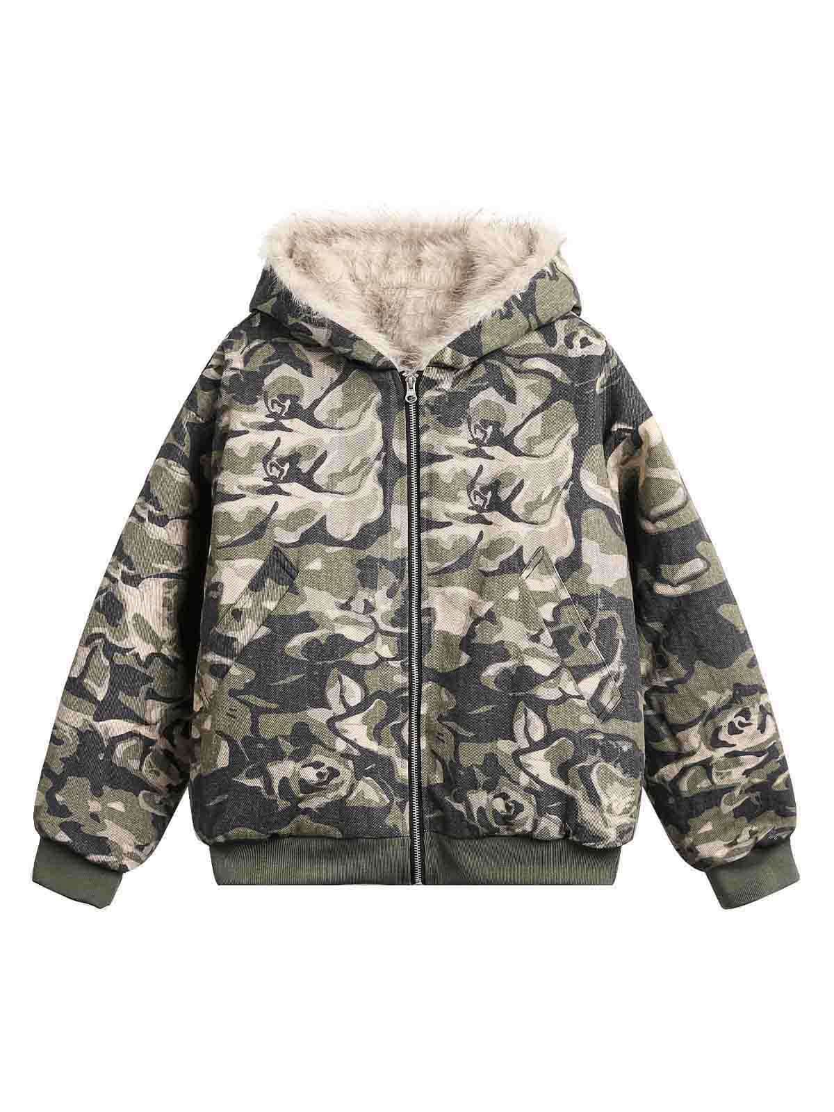 Camouflage Fur Hooded Jacket Warm Streetwear Style - 10308
