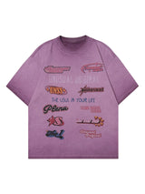 Bring vintage attitude and playful flair to your outfit with the American Style Sticker Pattern Cuttable T Shirt. Made from a soft cotton blend, this relaxed-fit tee features colorful car and text graphics that mimic retro sticker aesthetics. With its cre