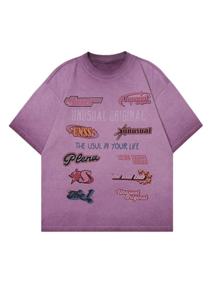 Bring vintage attitude and playful flair to your outfit with the American Style Sticker Pattern Cuttable T Shirt. Made from a soft cotton blend, this relaxed-fit tee features colorful car and text graphics that mimic retro sticker aesthetics. With its cre