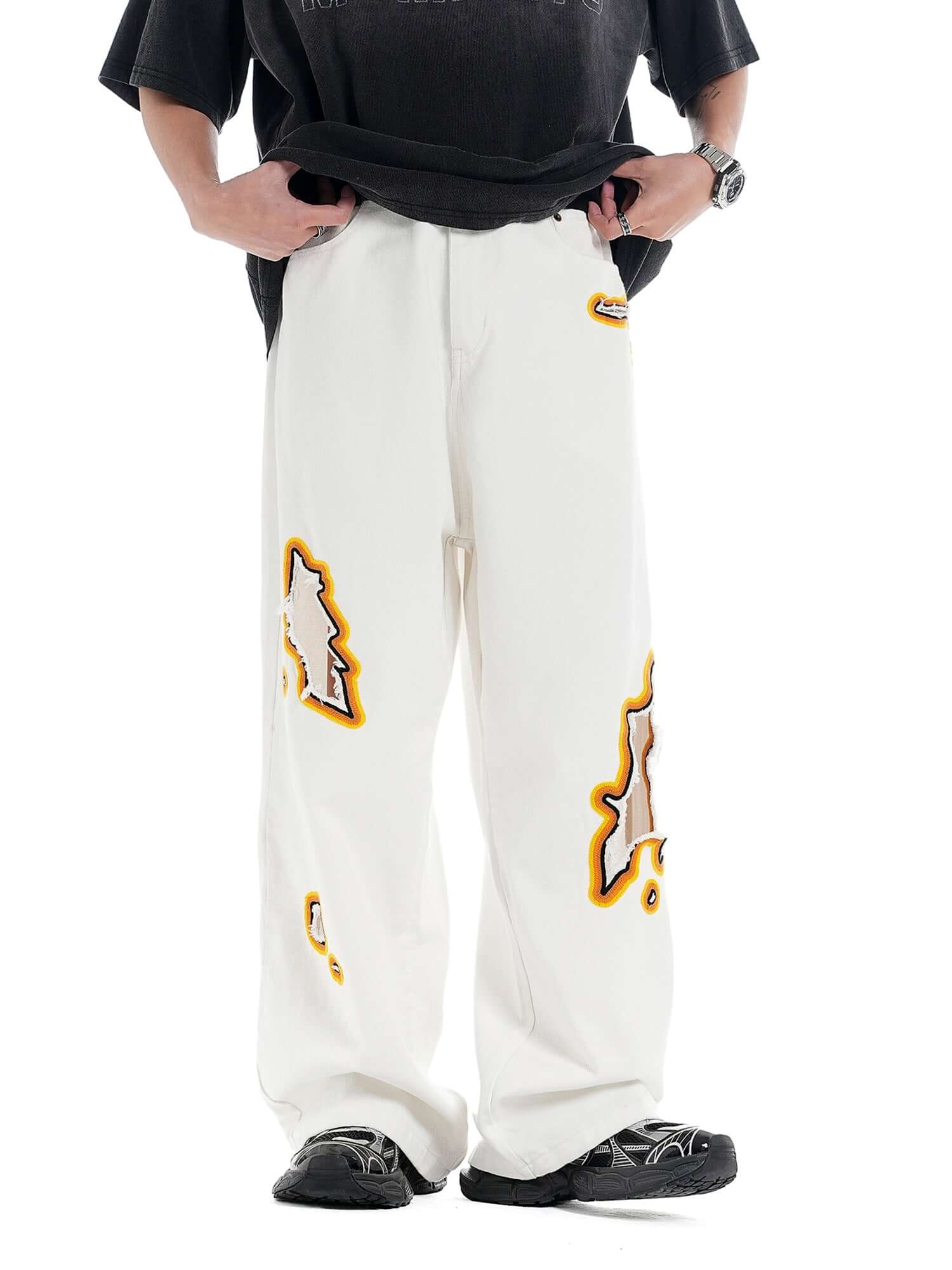 Street Flame Towel Embroidered Jeans Streetwear