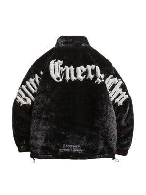 Make a bold impression with the Street Letter Embroidered Fleece Jacket. Crafted from ultra-soft faux fur, this oversized winter essential combines warmth, comfort, and eye-catching streetwear design. The jacket features bold embroidered text across the b