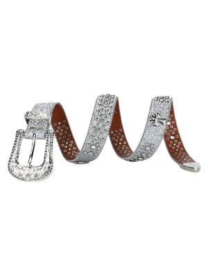 Add bold sparkle to your look with the Studded Rhinestone Belt — a luxe accessory designed to turn heads. Crafted from durable genuine leather, this belt features detailed stitching, an ornate rhinestone-encrusted buckle, and shimmering studs throughout.