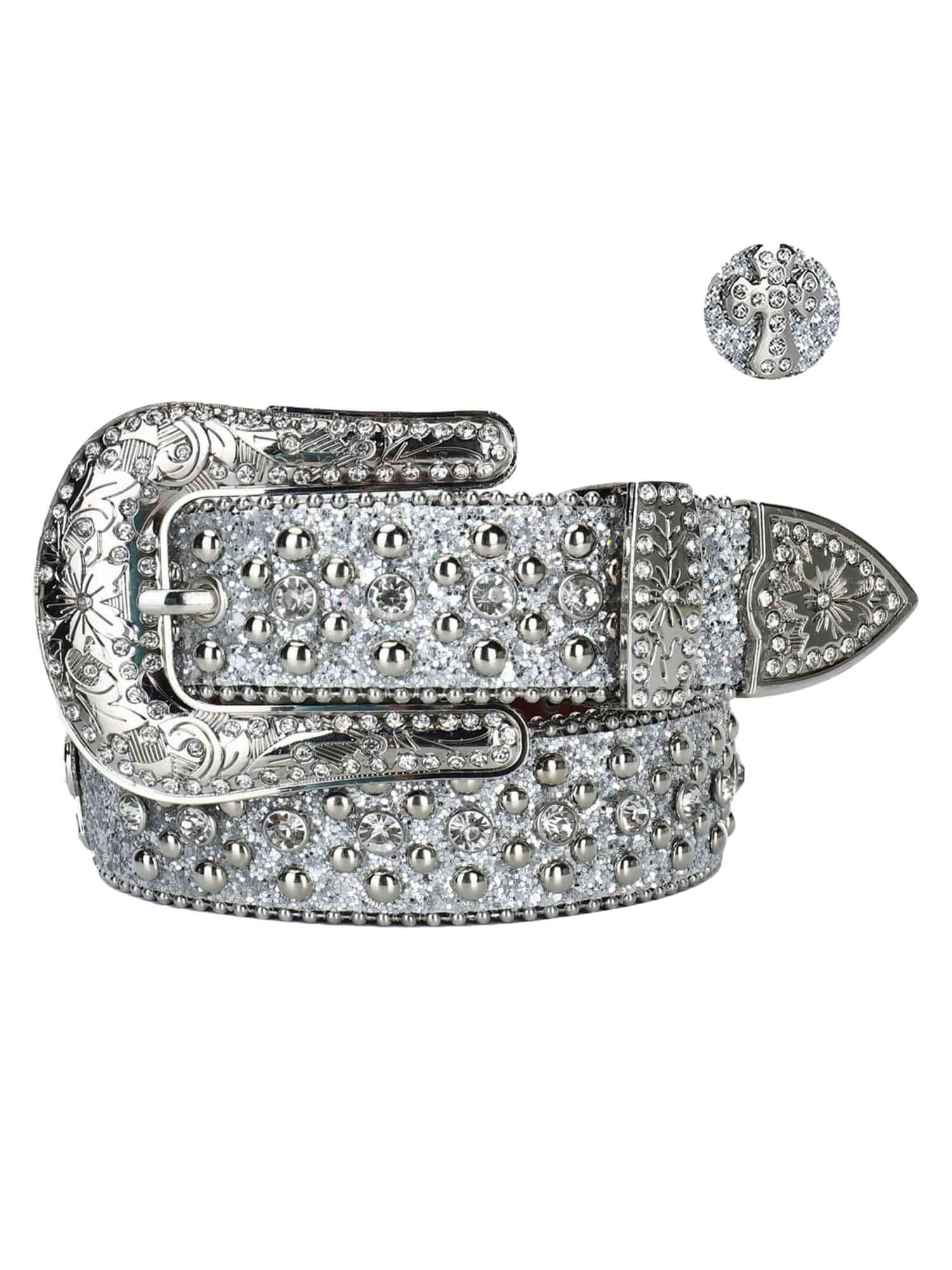 Add bold sparkle to your look with the Studded Rhinestone Belt — a luxe accessory designed to turn heads. Crafted from durable genuine leather, this belt features detailed stitching, an ornate rhinestone-encrusted buckle, and shimmering studs throughout.