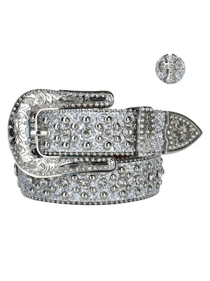 Add bold sparkle to your look with the Studded Rhinestone Belt — a luxe accessory designed to turn heads. Crafted from durable genuine leather, this belt features detailed stitching, an ornate rhinestone-encrusted buckle, and shimmering studs throughout.