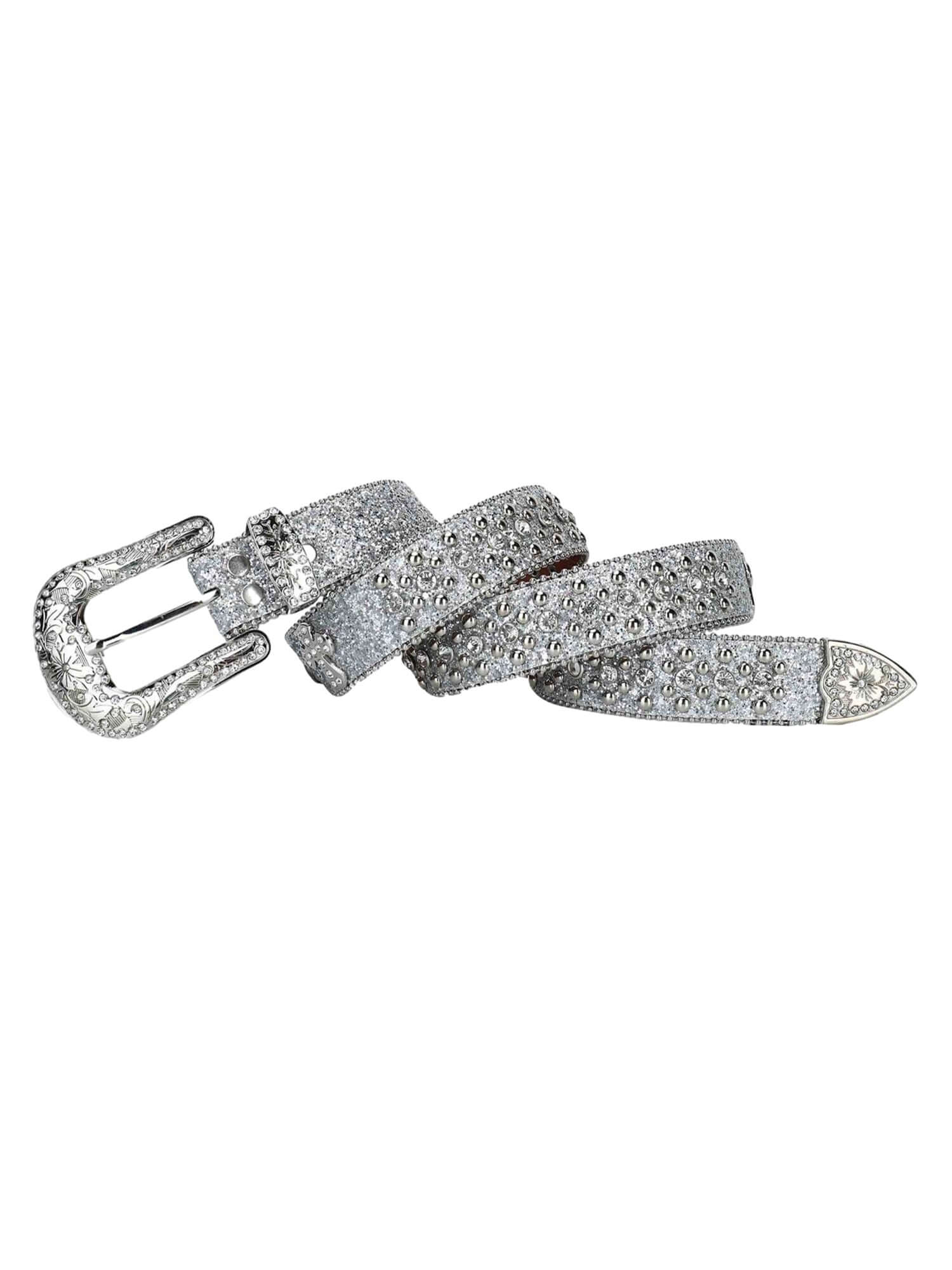 Add bold sparkle to your look with the Studded Rhinestone Belt — a luxe accessory designed to turn heads. Crafted from durable genuine leather, this belt features detailed stitching, an ornate rhinestone-encrusted buckle, and shimmering studs throughout.