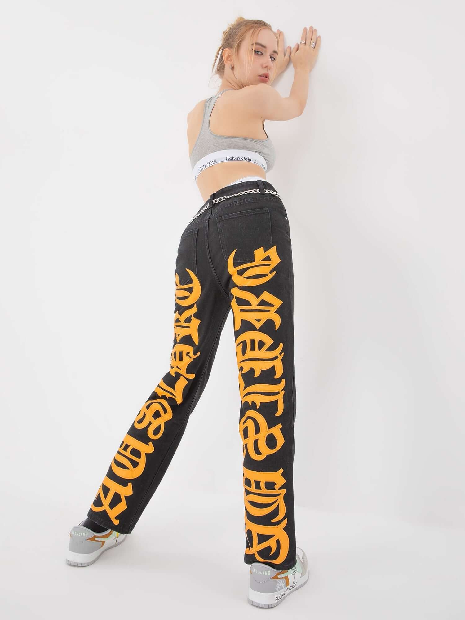 Burning Text Embroidered Letters Jeans Streetwear