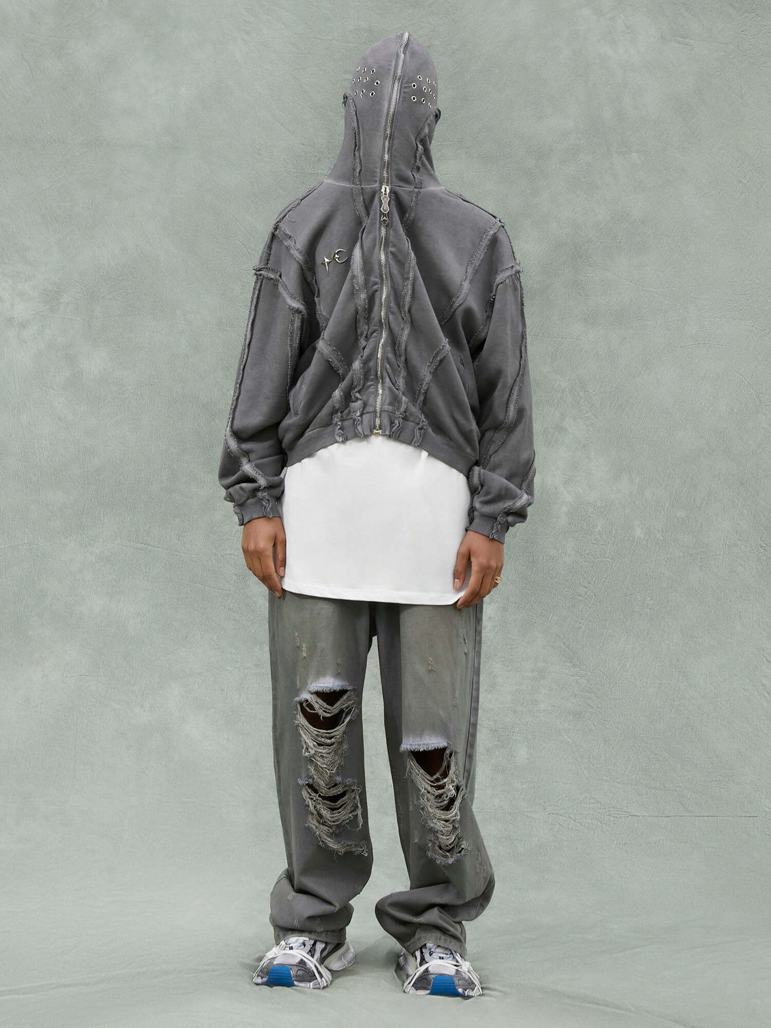 Heavy Washed Distressed Full Zip Hoodie Streetwear Oversized