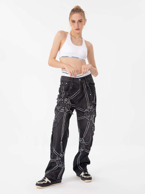 Thesupermade High Street Hip-Hop Spider Web Denim Pants-1512 Xokool ®