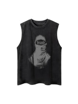 Retro Distressed Character Print Street Rap Vest Streetwear