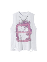 Retro Distressed Washed Smoke Printed Vest Streetwear