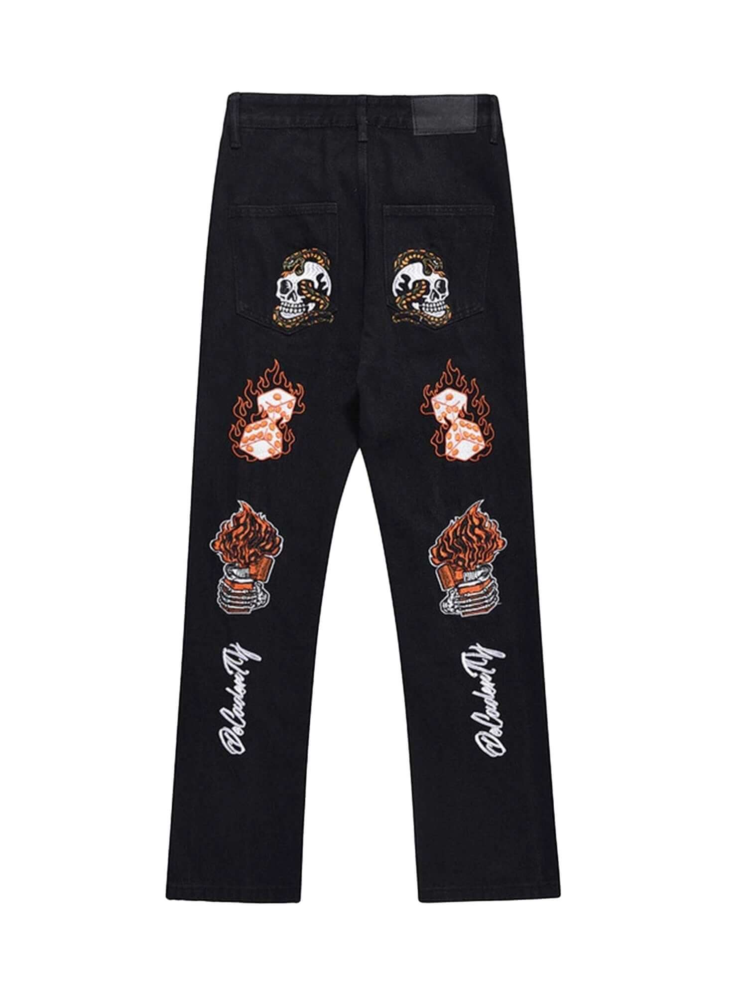 Skull Flame Monogram Embroidered Slim Fit Jeans Streetwear