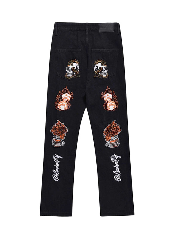Skull Flame Monogram Embroidered Slim Fit Jeans Streetwear