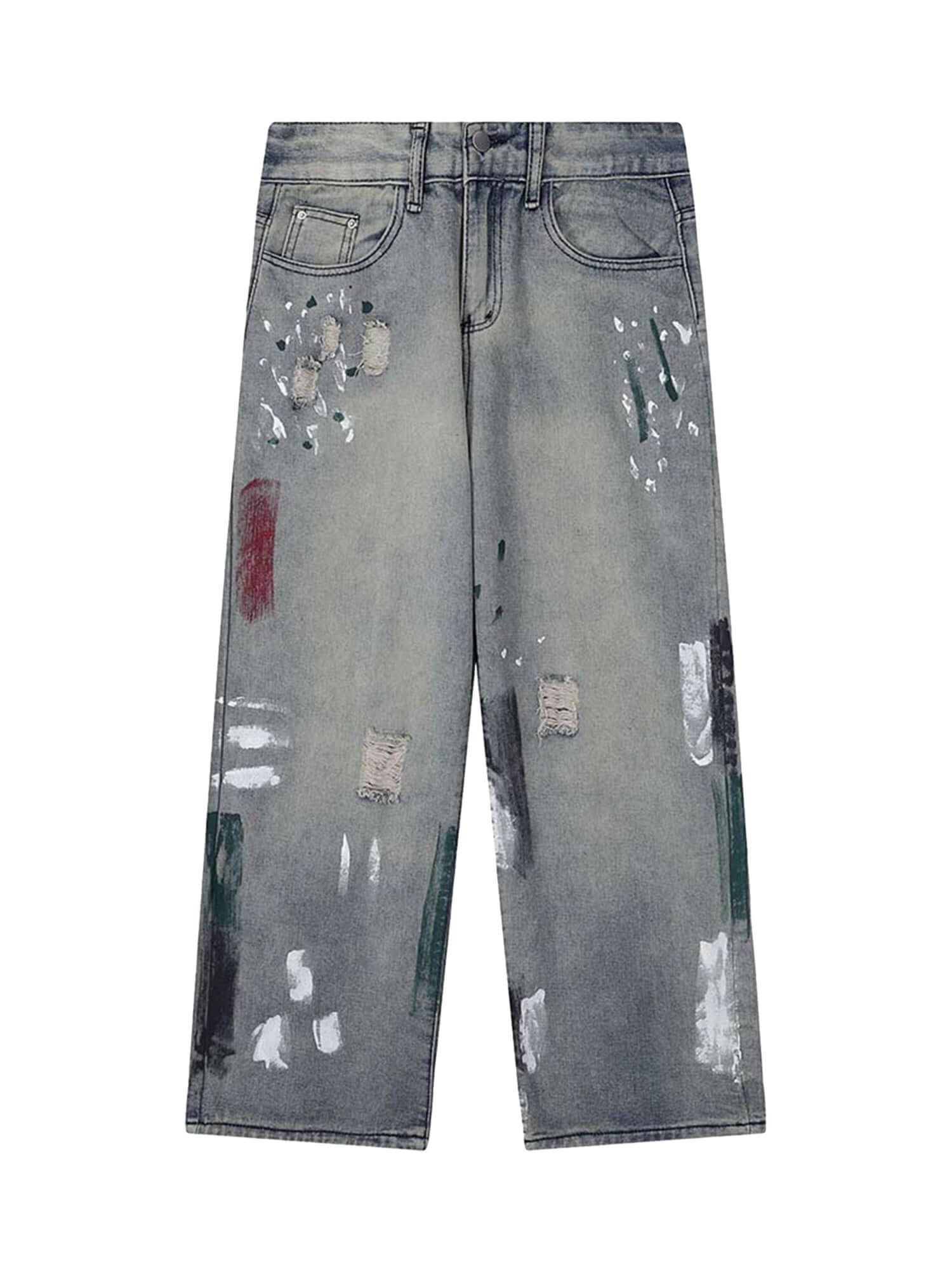 Vintage Ink Splash Washed And Distressed Jeans Streetwear