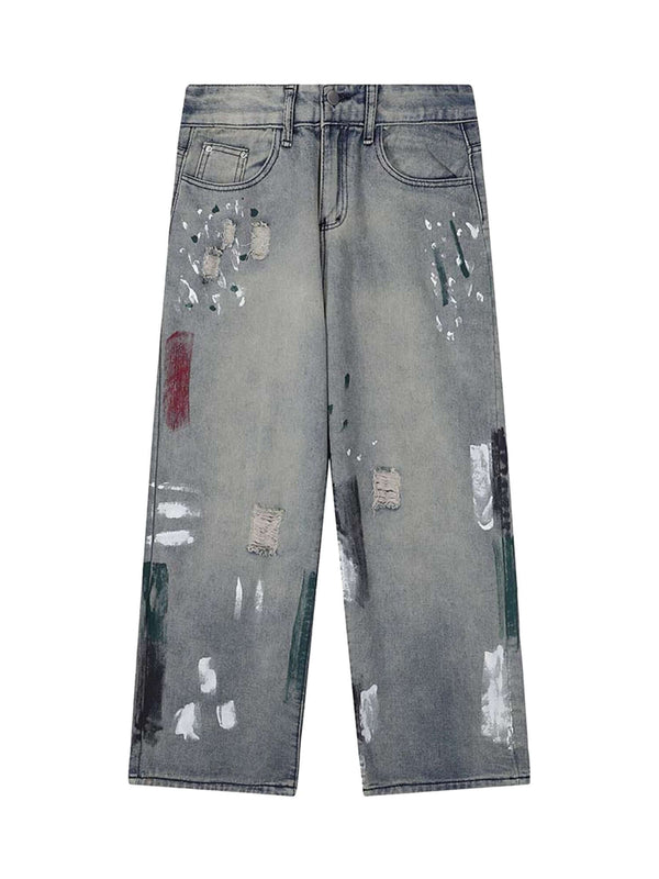 Vintage Ink Splash Washed And Distressed Jeans Streetwear