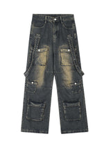 Vintage Washed Web Rivets Hip Hop Jeans Streetwear