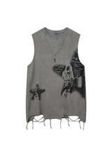 Bring bold energy to your look with the Vintage Necklace Star Print Hip Hop Tank Top. Crafted from a soft and breathable cotton blend, this sleeveless top features a unique distressed hem, raw edges, and a standout graphic print for a strong streetwear vi