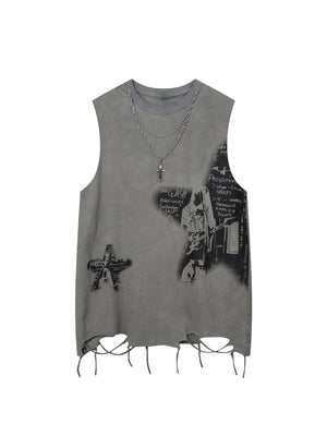Bring bold energy to your look with the Vintage Necklace Star Print Hip Hop Tank Top. Crafted from a soft and breathable cotton blend, this sleeveless top features a unique distressed hem, raw edges, and a standout graphic print for a strong streetwear vi