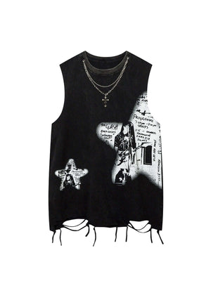 Bring bold energy to your look with the Vintage Necklace Star Print Hip Hop Tank Top. Crafted from a soft and breathable cotton blend, this sleeveless top features a unique distressed hem, raw edges, and a standout graphic print for a strong streetwear vi