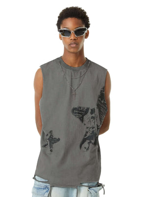 Bring bold energy to your look with the Vintage Necklace Star Print Hip Hop Tank Top. Crafted from a soft and breathable cotton blend, this sleeveless top features a unique distressed hem, raw edges, and a standout graphic print for a strong streetwear vi