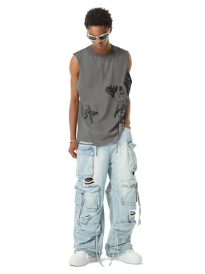 Bring bold energy to your look with the Vintage Necklace Star Print Hip Hop Tank Top. Crafted from a soft and breathable cotton blend, this sleeveless top features a unique distressed hem, raw edges, and a standout graphic print for a strong streetwear vi