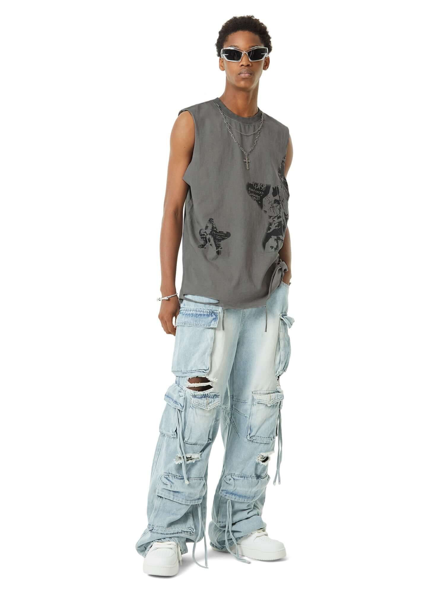 Bring bold energy to your look with the Vintage Necklace Star Print Hip Hop Tank Top. Crafted from a soft and breathable cotton blend, this sleeveless top features a unique distressed hem, raw edges, and a standout graphic print for a strong streetwear vi